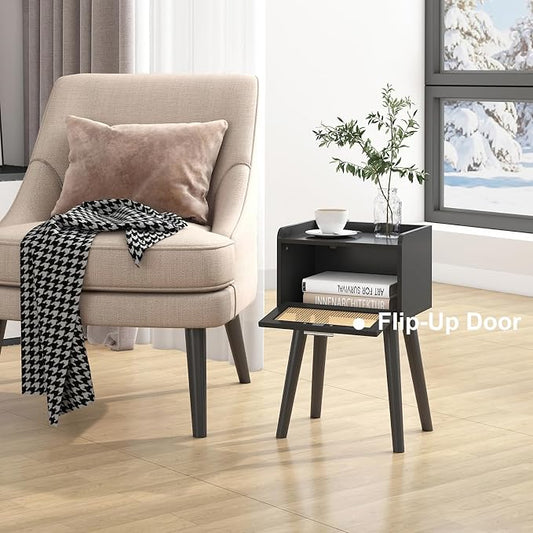 LAATOOREE Nightstand Set of 2, Small Black Bedside Table, End Table with Rattan Door, Boho Side Table with Solid Wood Legs for Bedroom Living Room Small Space