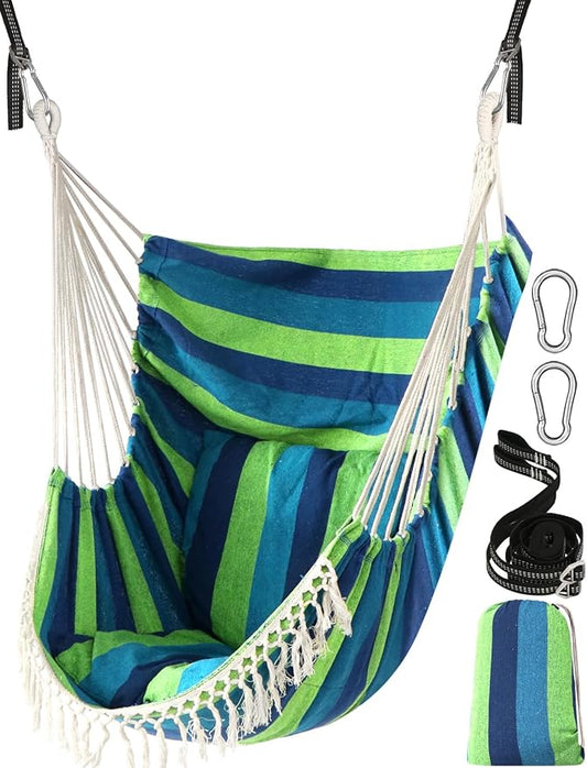 Chihee Hammock Chair Hanging Swing 2 Pillows Included,Strong Webbing Straps and Hooks for Easy Hanging Soft Cotton Hanging Chair Side Pocket Tassel Chair Comfort Indoor Outdoor Blue Green