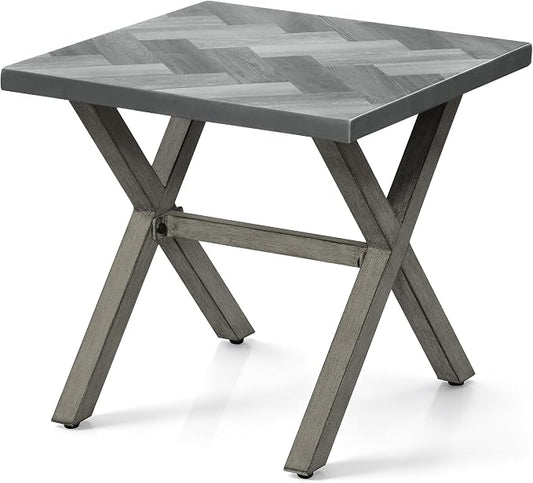Never-Rust Aluminum Outdoor Side Table, Anti-Rust Outside Patio Side Table with Resin Tabletop, Modern Weather Resistant Square Patio End Table for Yard, Garden, Poolside, Limed Oak