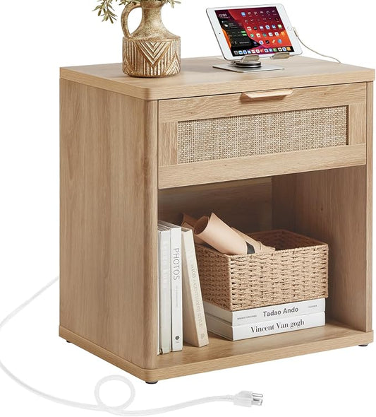 LEYAOYAO Rattan Nightstands Set of 2 with Charging Station, Natural Wood Night Stand with Drawer, 23" Wide Boho Bedside Table with Storage Shelf, Bed Side End Tables for Bedroom, Living Room, Hallway