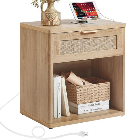 LEYAOYAO Rattan Nightstand with Charging Station, Natural Wood Night Stand with Drawer, 23" Wide Boho Bedside Table with Storage Shelf, Bed Side End Tables for Bedroom, Living Room, Hallway