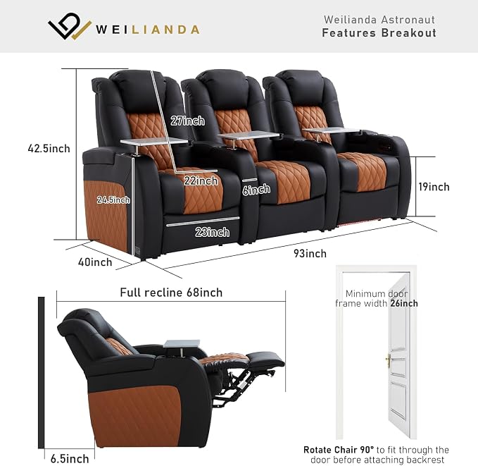 Weilianda Home Theater Seating Top Grain Leather Zero Gravity Recliner Chair Power Headrest Recline Movie Seat Gaming 7 Colors Mood Light Sofa with Tray Table Row of 3 Black Camel