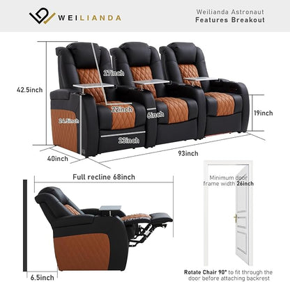 Weilianda Home Theater Seating Top Grain Leather Zero Gravity Recliner Chair Power Headrest Recline Movie Seat Gaming 7 Colors Mood Light Sofa with Tray Table Row of 3 Black Camel