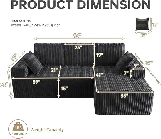 Cloud Boneless Sectional Couches with Oversized Chaise for Living Room, Modular L Shaped Couch with Deep Seat, Memory Foam Compressed 3 Seater Sofa for Apartment