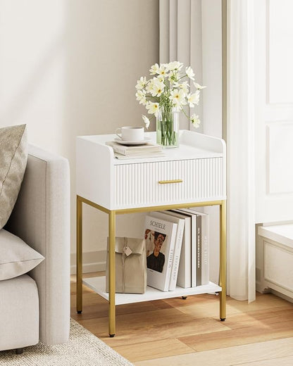 Night Stand, 3-Tier Bed Side Table, Small End Table, Nightstand with Open Shelf and Drawer, Bedside Table for Bedroom, Living Room, White