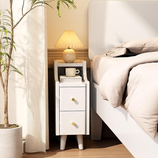 Narrow Nightstand with 2 Drawers,White Nightstand,Bedside Table,Solid Wood Modern Bedside Table for Bedroom,Study,Toilet