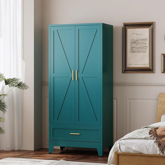 QINPTWUT 71" Tall Metal Wardrobe with Doors, Hanging Rod & Adjustable Shelf, Freestanding Steel Armoire for Bedroom Home Office, 1-Drawer Blue