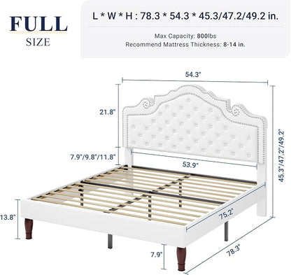 Allewie Full Size Bed Frame with Adjustable Velvet Tiara Headboard, Upholstered Diamond Button Tufted Platform Bed, Wood Slats Support, No Box Spring Needed, White