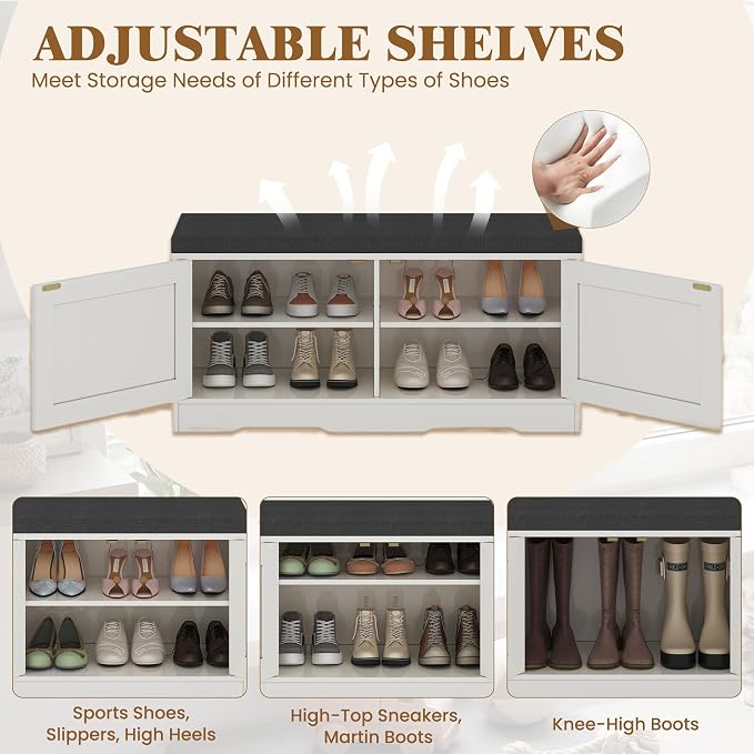 Apicizon Shoe Storage Bench, 2 Tier Entryway Bench with Padded Seat Cushion, 2 Barn Doors, Adjustable Shelves, 39.37" Shoe Bench with Storage for Entrance Hallway Bedroom Living Room, Beige White