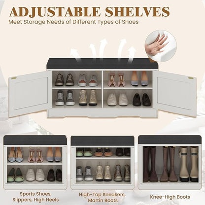 Apicizon Shoe Storage Bench, 2 Tier Entryway Bench with Padded Seat Cushion, 2 Barn Doors, Adjustable Shelves, 39.37" Shoe Bench with Storage for Entrance Hallway Bedroom Living Room, Beige White