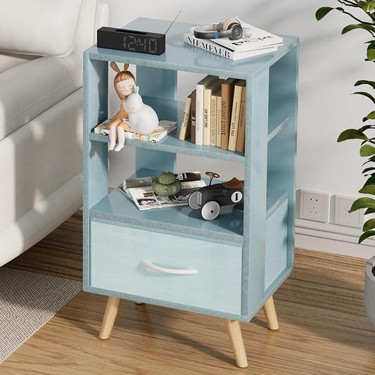 Aenuert Night Stand, Blue Nightstand with Drawer, Side Table with Open Storage, 3-Tier Modern End Table, Bedside Table for Small Space, Living Room, Bedroom