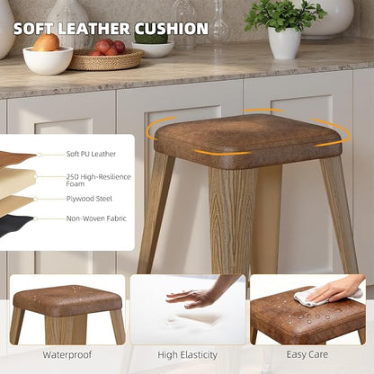 Bar Stools Set of 2, 26" Counter Height Bar Stools Backless, Upholstered Bar Stools with Metal Legs for Kitchen Island, Study Room, Cafe, Walnut