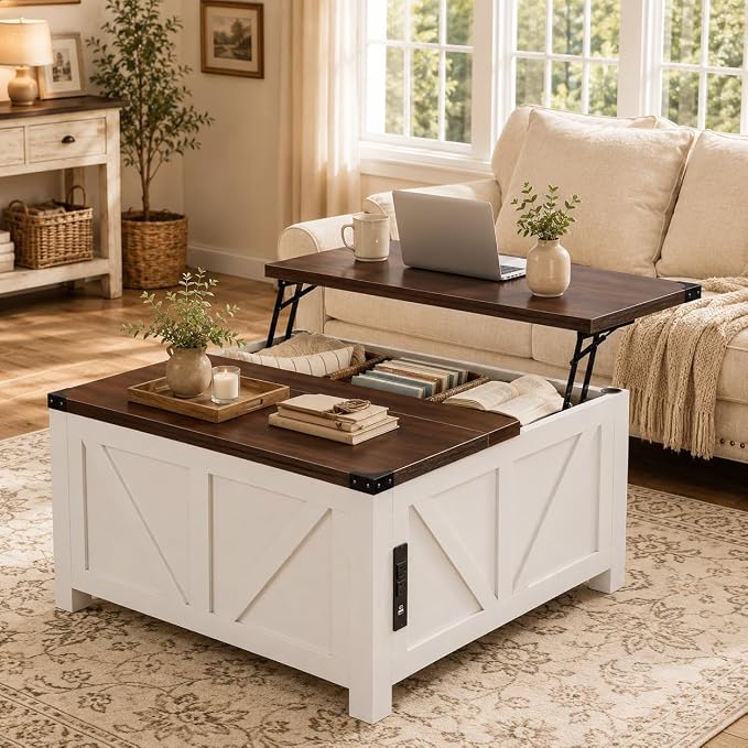 Simple Deluxe Lift Top Coffee Table with Storage, 35.5" Square Coffee Tables for Living Room, Farmhouse Coffee Table with Power Outlets, Coffee Tables with Lifting Top for Living Room (White)