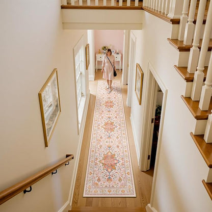 RELEANY Area Rugs Runner 2'x10' Washable Non-Slip, Floral Vintage Distress Medallion Carpet for Kitchen Hallway Bedroom Beside Laundry Room Bathroom, Light Pink Colorful