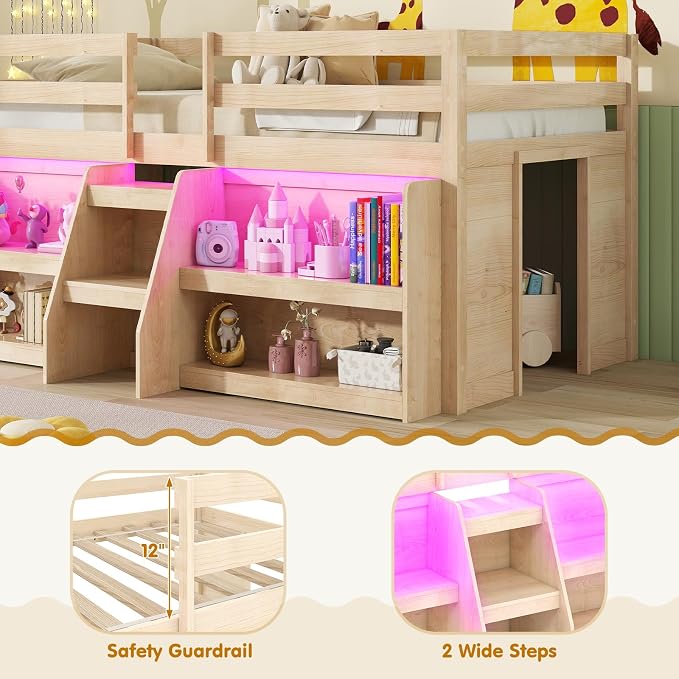Giantex Low Loft Bed with LED Lights, Wooden Twin Loft Bed with Stairs & Safety Guardrail, Loft Bed Twin Size with Storage Bookcase and Under-Bed Play Space, Loft Bed for Kids (Natural)