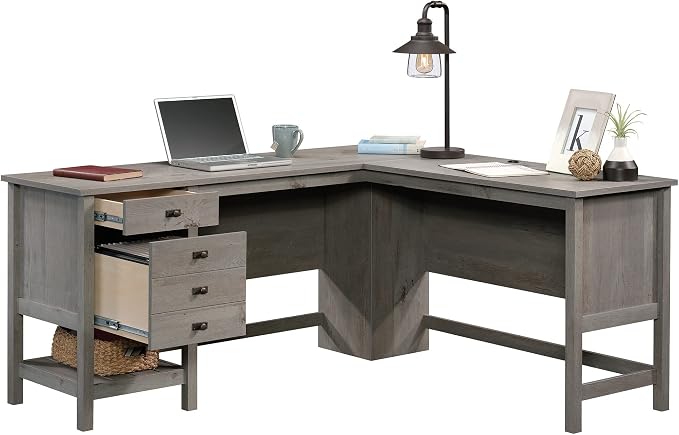Sauder Cottage Road L Shaped Desk Computer Desk with Drawers, Home Office Desk with Optional File Cabinet Storage, Cable Management, in Mystic Oak Finish