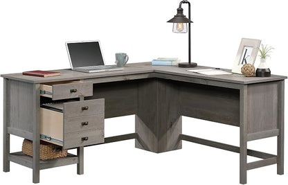 Sauder Cottage Road L Shaped Desk Computer Desk with Drawers, Home Office Desk with Optional File Cabinet Storage, Cable Management, in Mystic Oak Finish