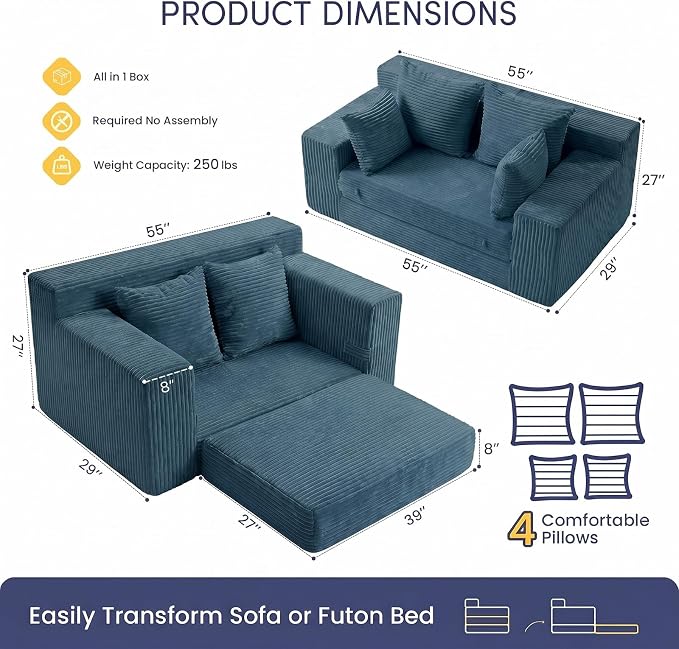 cidludto Convertible Sofa Bed, Boneless Couch 2 in 1 Loveseat Folding Couch Bed Foldable, Chair Bed & Futon Sofa Bed, Small Corduroy Pull Out Sofa with 4 Pillows for Living Room, Blue
