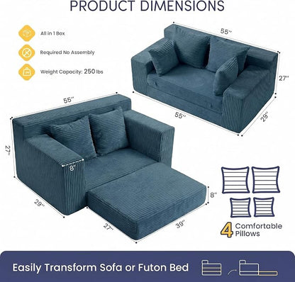 cidludto Convertible Sofa Bed, Boneless Couch 2 in 1 Loveseat Folding Couch Bed Foldable, Chair Bed & Futon Sofa Bed, Small Corduroy Pull Out Sofa with 4 Pillows for Living Room, Blue