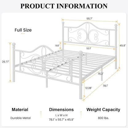 SHA CERLIN Full Size Bed Frame with Headboard,Metal Bed Frame with Butterfly Pattern Design Headboard & Footboard,No Box Spring Needed,Easy Assembly,White