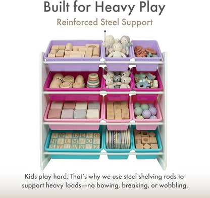 Humble Crew Toy Storage Organizer with 12 Removable Storage Bins for Kids Playroom, 4-Tier Toddler Toy Organization, White/Pink/Purple/Turquoise