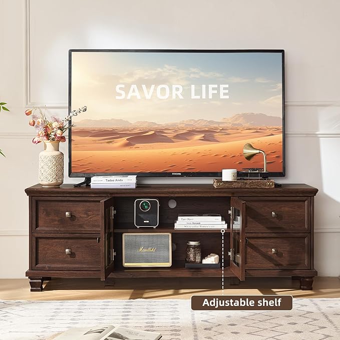 SAVOR LIFE Farmhouse Coffee Table and TV Stand Set of 2, Rustic Wood Living Room Table Set 2 with Center Table, TV Console for Living Room, Walnut