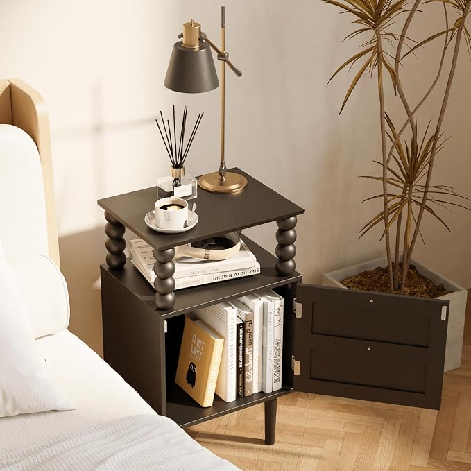 Nightstand with Storage Drawer and Open Wood Shelf,Solid Wood Legs (Black) | Mid-Century Modern Bedside Table for Bedroom and Small Spaces,Easy Assembly