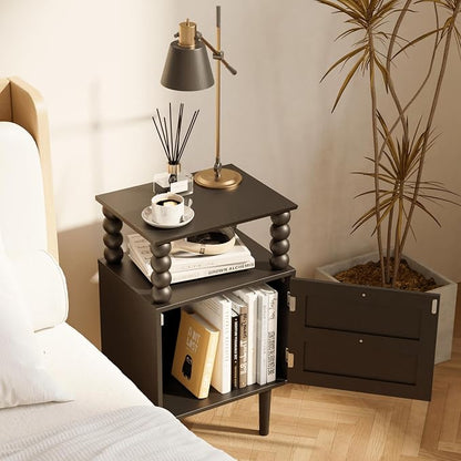 Nightstand with Storage Drawer and Open Wood Shelf,Solid Wood Legs (Black) | Mid-Century Modern Bedside Table for Bedroom and Small Spaces,Easy Assembly