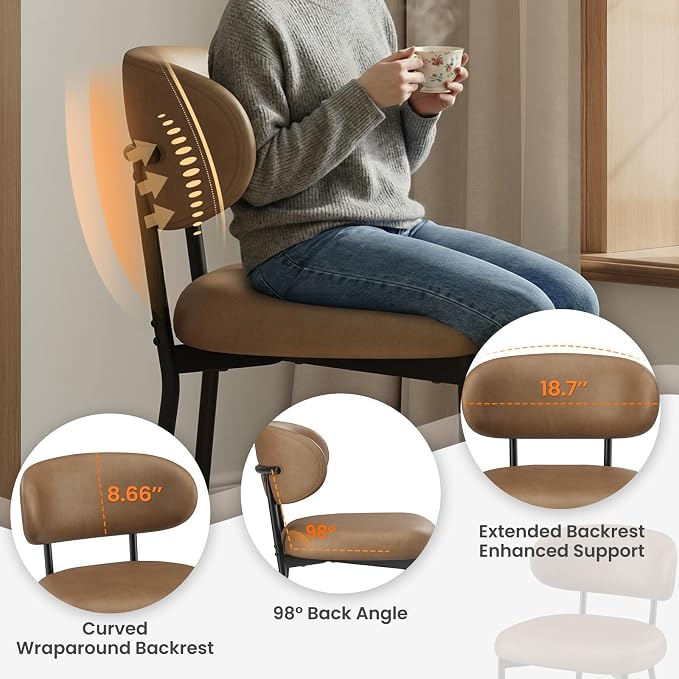 Upholstered Dining Chairs Set of 4, Modern Faux Leather Kitchen Chairs with Curved Backrest and Cushioned Seat, Sturdy Metal Legs, Comfortable Accent Chairs for Kitchen Dining Room, Living Room,Brown