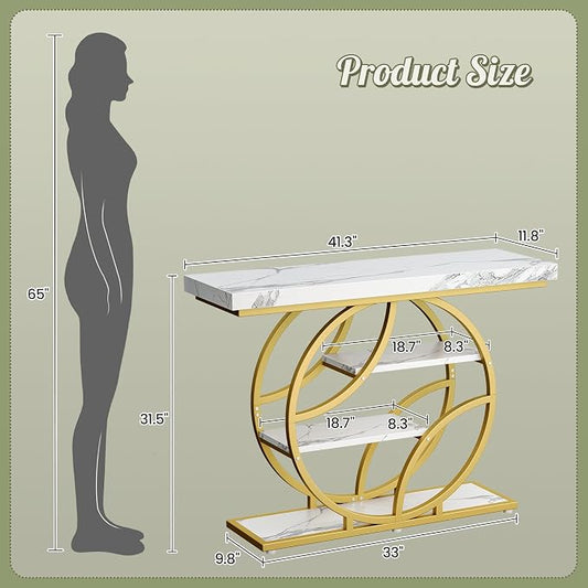 Huuger 41.3 Inch Entryway Table with Marble Top, Modern Console Sofa Table, Accent Table with Shelves, for Entry, Hallway, Entrance, Foyer, O-Shaped Metal Frame, White Marble & Gold