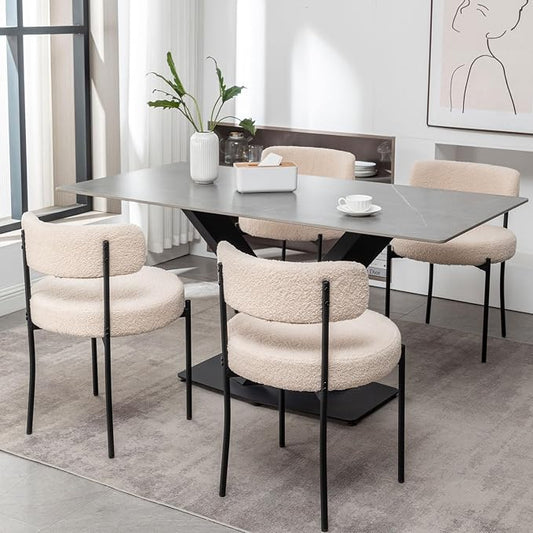 Cinxzar Boucle Dining Chairs Set of 4, Upholstered Dining Room Chairs with Black Metal Legs, Round Modern Dining Chair for Dining Room, Kitchen