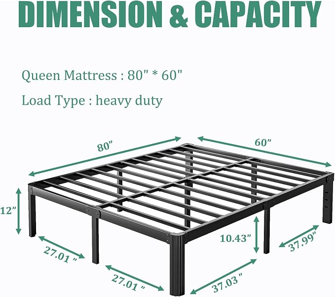 12 Inch High Platform Metal Queen Size Bed Frame, Queen Bed Frame no Box Spring Needed, Easy Assembly, Heavy Duty, Noise Free, Black