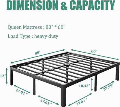 12 Inch High Platform Metal Queen Size Bed Frame, Queen Bed Frame no Box Spring Needed, Easy Assembly, Heavy Duty, Noise Free, Black