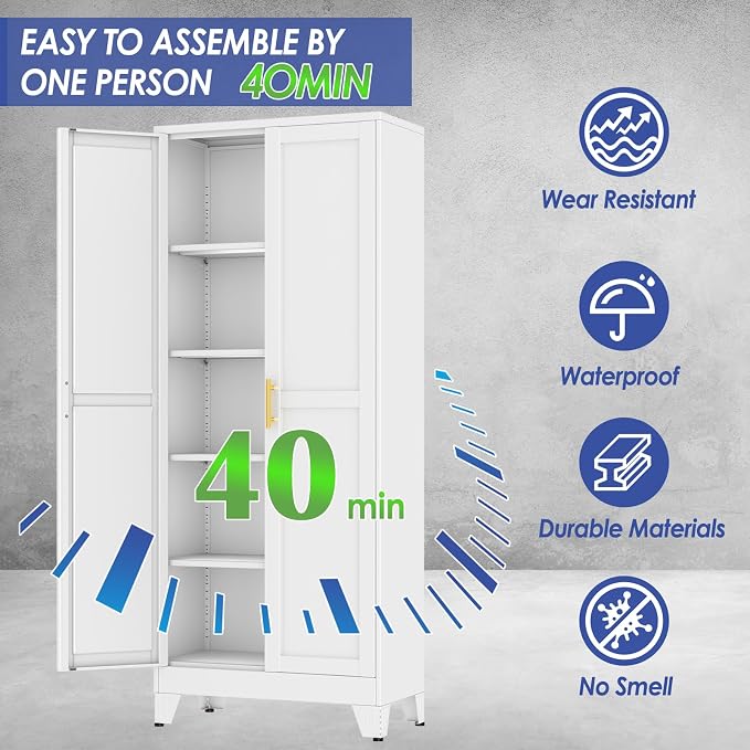 71" Metal Garage Storage Cabinet with 2 Doors, 4 Adjustable Shelves | Metal Storage Cabinets,Steel Tool Cabinets for Home,Office,Garage,Warehouse (White, 71''H x 29''W x 14''D)