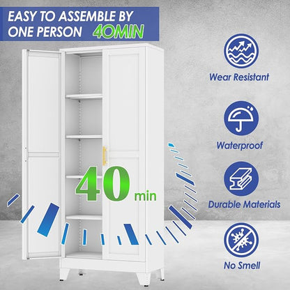 71" Metal Garage Storage Cabinet with 2 Doors, 4 Adjustable Shelves | Metal Storage Cabinets,Steel Tool Cabinets for Home,Office,Garage,Warehouse (White, 71''H x 29''W x 14''D)