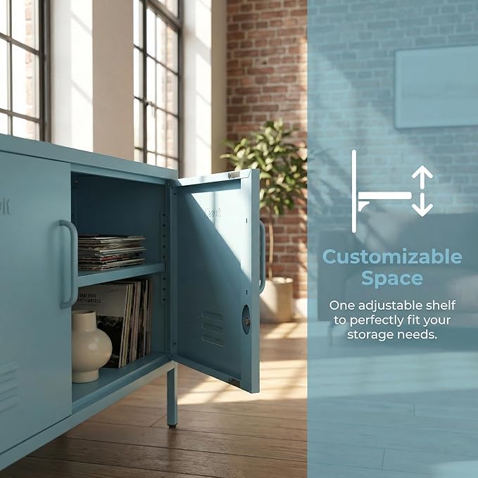 Wide Lockable Metal TV Stand with Accent Cabinet Locker, Heavy Duty Entertainment Center for Bedroom, Adjustable Shelves & 2 Doors, Multifunctional Storage Cabinet for Home 22"H X 35.4"W X 13.8"D