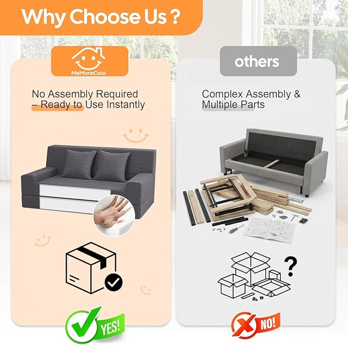 MeMoreCool Folding Futon Couch Queen – Boneless Corduroy Sofa Bed, Convertible Foam Floor Lounger with Pillow & Washable Cover, Foldable Sleeper for Living Room, Bedroom, Guest Space