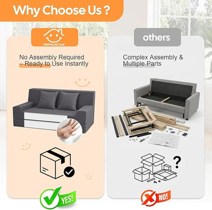 MeMoreCool Folding Futon Couch Queen – Boneless Corduroy Sofa Bed, Convertible Foam Floor Lounger with Pillow & Washable Cover, Foldable Sleeper for Living Room, Bedroom, Guest Space
