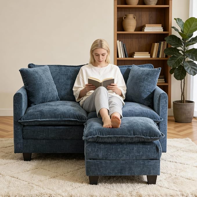 50'' L-Shape Loveseat Sofa with 22" Ottoman, 2 Seat Modern Cloud Couch with 2 Washable Pillows for Small Space Apartment Office Living Room Bedroom, Blue