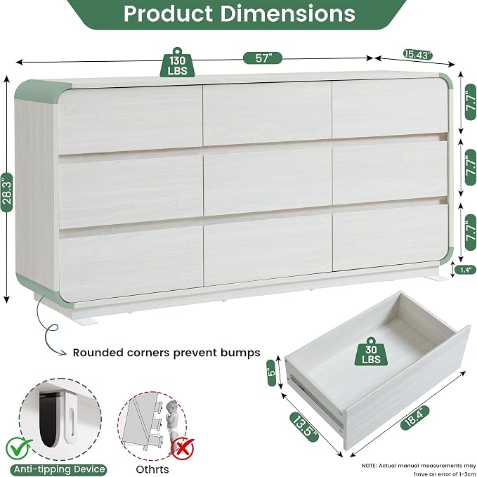 Standifurno White Dressers of 9 Drawers, Chest Dresser with Deep Drawers, Modern Dresser Closet for Bedroom, Curved Drawer with Large Storage, 57'' Wide