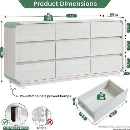 Standifurno White Dressers of 9 Drawers, Chest Dresser with Deep Drawers, Modern Dresser Closet for Bedroom, Curved Drawer with Large Storage, 57'' Wide