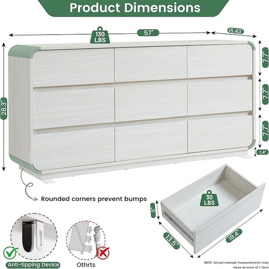 Standifurno White Dressers of 9 Drawers, Chest Dresser with Deep Drawers, Modern Dresser Closet for Bedroom, Curved Drawer with Large Storage, 57'' Wide