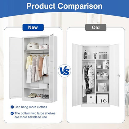 BYNSOE Metal Armoire Wardrobe Closet with 2 Doors 72'' Wardrobe Cabinet with Hanging Rail Metal Closet with Adjustable Shelves for Bedroom Require Assembly(White, 72inch)
