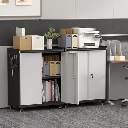 GREATMEET Garage Storage Cabinet with Wheels, Lockable Metal Storage Cabinet, Rolling Tool Cabinet with Adjustable Shelf, Push Handle for Shop, Home, Office, Black/Grey