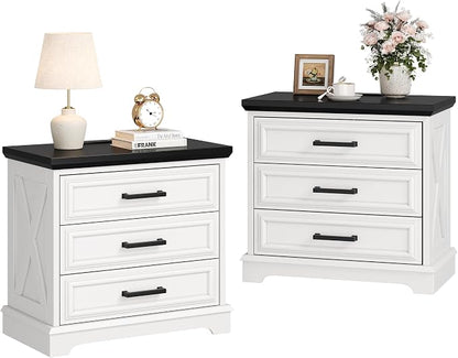 knoworld 24 Inch Wide Farmhouse Nightstands Set of 2 with Charging Station, White Nightstand with 3 Large Drawers, Rustic Wood End Table for Bedroom