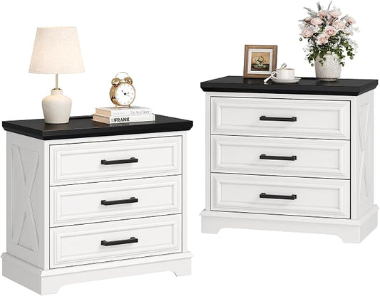 knoworld 24 Inch Wide Farmhouse Nightstands Set of 2 with Charging Station, White Nightstand with 3 Large Drawers, Rustic Wood End Table for Bedroom
