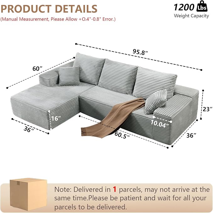 96" Modular Sectional Sofa, Modern Corduroy Cloud Couch with Deep Seat, Boneless Couch Upholstered 3-Seater L-Shaped Sofa for Living Room, No Assembly Required (Light Gray, Left-Facing Chaise)