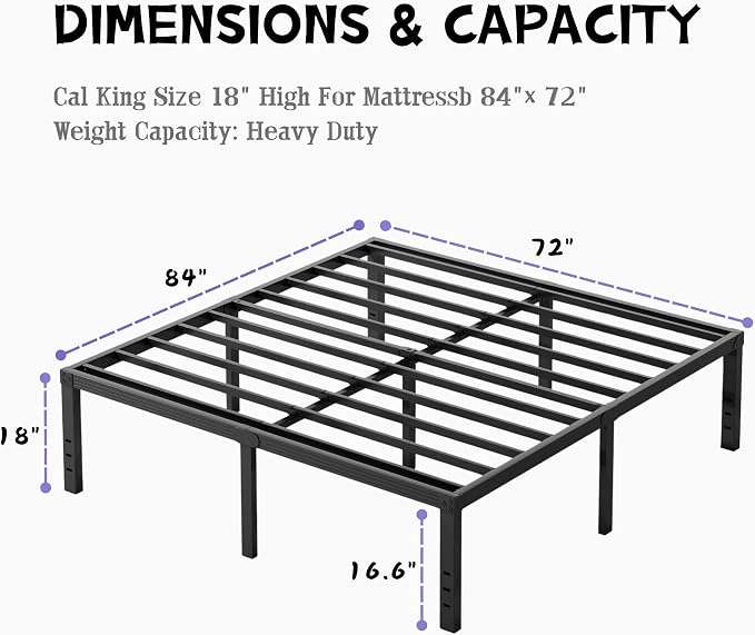 Furnitui 18 Inch High Platform California King Bed Frames, Metal Cal King Bed Frame No Box Spring Needed, Easy Assembly, Noise Free, Sturdy, Black