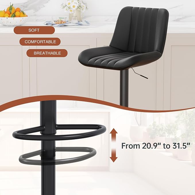 JAMFLY Modern Leather Bar Stools – Swivel & Height-Adjustable Bar Chairs with Footrest, Ergonomic Design for Kitchen Island, Home & Commercial Bar – Set of 2, Black