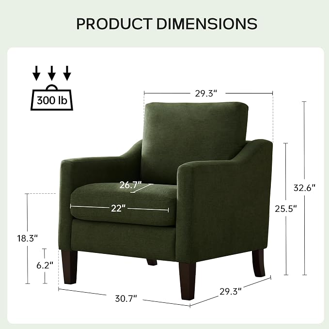 VKNOW Mid-Century Accent Chairs Set of 2, No Tools Assembly Required, Modern Upholstered Polyester Armchairs for Living Room & Bedroom, Comfortable Reading Chairs with Wood Legs, Green